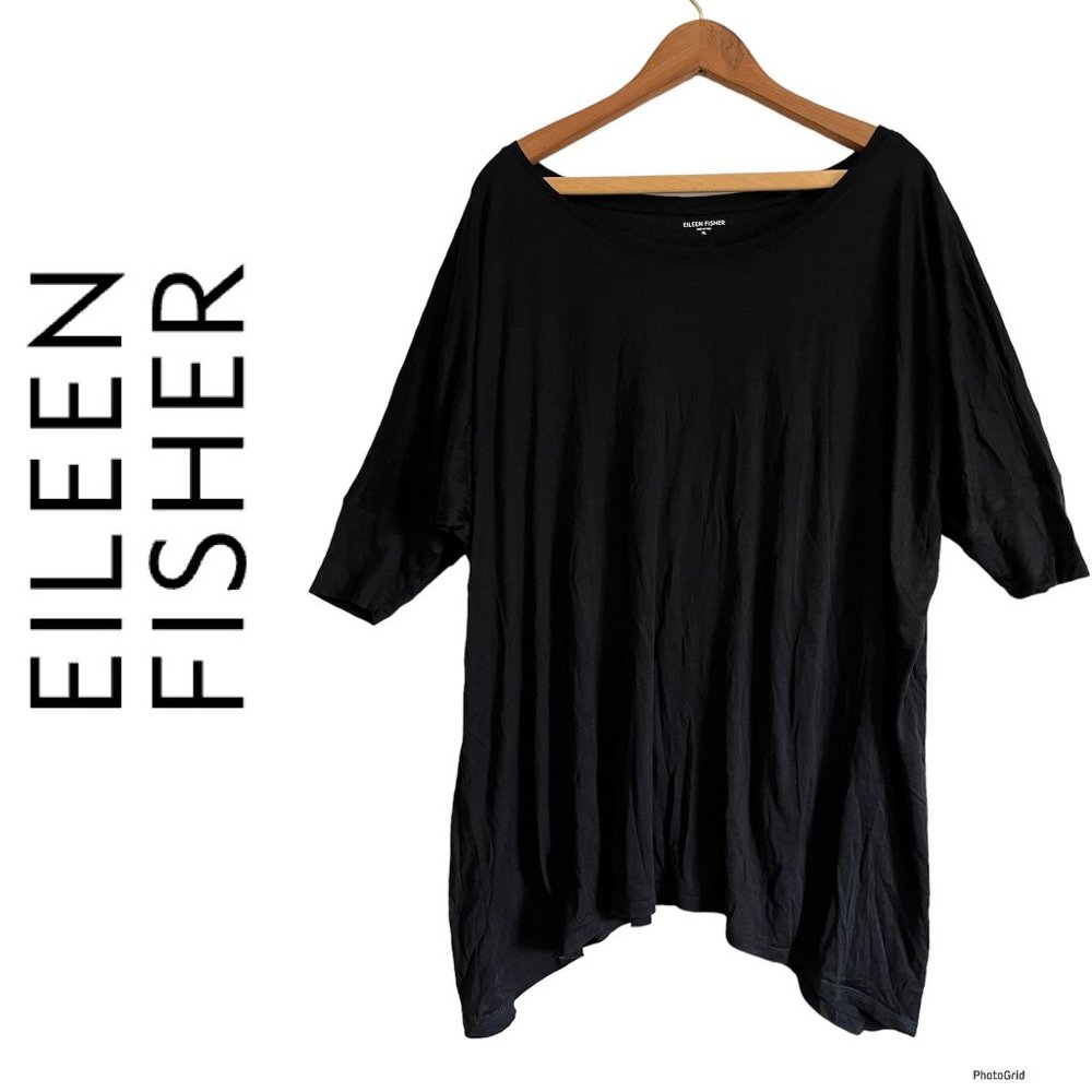 Eileen Fisher Silk Blend XL T-shirt Jersey Knit Tee Black Cotton Swing Hem